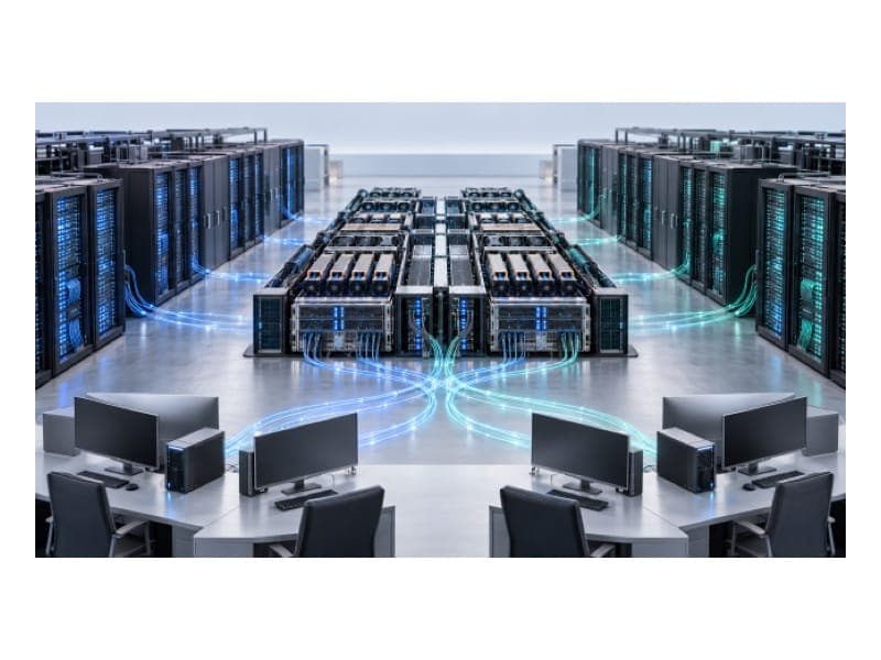 GPU 서버 랙이 늘어선 AI 데이터센터와 개발 작업 공간 이미지 — 네오클라우드 GPU 운영환경